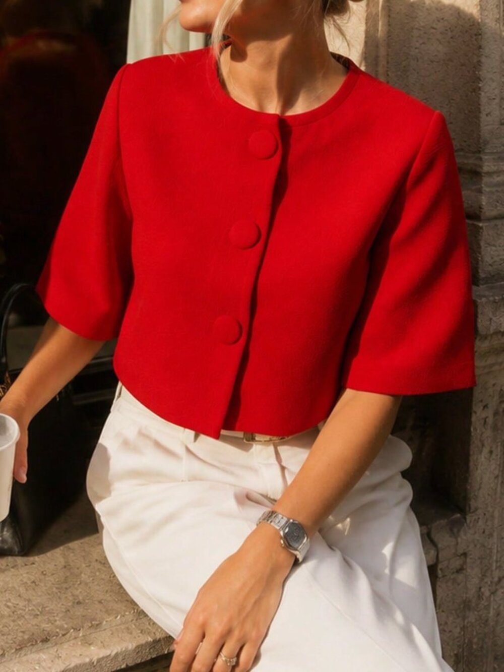 Red Casual Women's Knit Short Cardigan Sweater